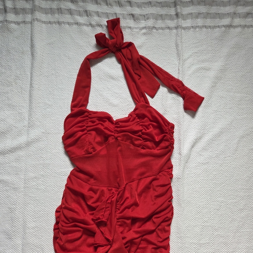 Fashion Nova Red Halter Mesh Midi Dress - Picture 3 of 7